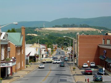 Downtown Waynesboro, Virginia.  Note the bare patch on the mountain.