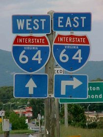 Interstate 64 signage on US 340 in Waynesboro, Virginia
