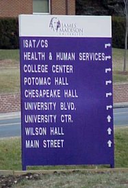 Later version of JMU directional sign at intersection of Bluestone Drive and Carrier Drive