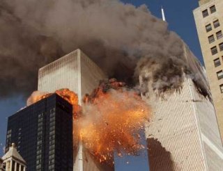 The World Trade Center as United Airlines Flight 175 impacts the South Tower.