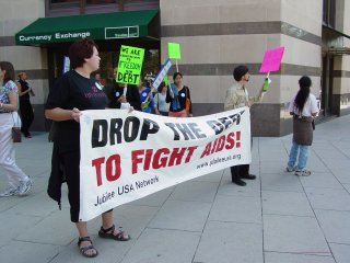 One of two banners designed to give passers-by an at-a-glance indication of what's being protested.