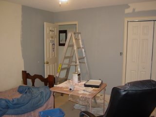 This is the opposite wall, across the room, around the door. I edged it last night, and broke out the roller today. Looks good, eh?