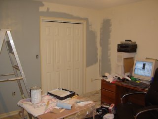 Same wall, other end. I edged around the closet today, and now am taking a break to let the paint dry and so the fumes can disperse a little. I plan to finish this wall today before I go to bed.