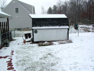 The backyard, as seen from the porch, also is snowy, but as I mentioned, the snow is thin. The porch, however, was bone dry, thanks to that remodel we did last summer.