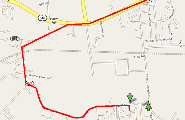 Map of Stuarts Draft, Virginia showing detour route from Forest Springs/Ridgeview Acres area to intersection of US 340 and VA 608