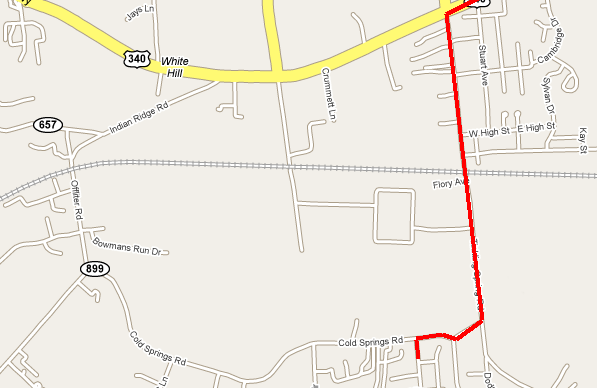 Map of Stuarts Draft, Virginia showing normal route from Forest Springs/Ridgeview Acres area to intersection of US 340 and VA 608