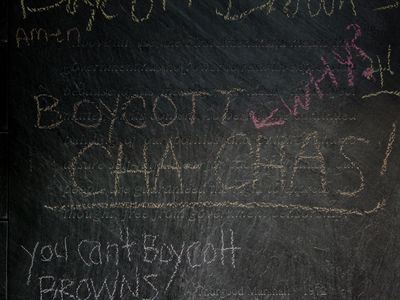 A message urging people to boycott Cha-Cha's, a business near the center of the Downtown Mall. I added the message "Why?" in pink chalk. I wonder what the person has against Cha-Cha's…