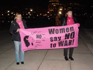 Code Pink had a banner as well. Medea Benjamin is standing at left.