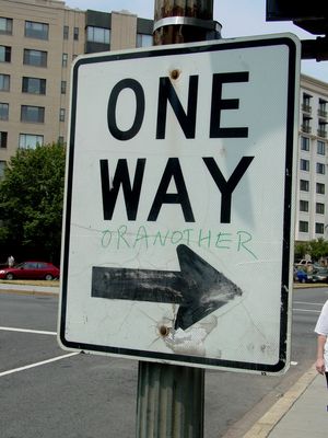 One thing we encountered while walking up to Cafe Luna on P Street NW was this "One Way" sign at Scott Circle, which had been altered to read "One way or another".