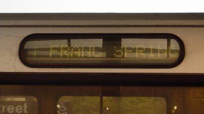 What the...? This train, which was out of service, was displaying the wrong destination. Green Line to Franconia-Springfield? Such a destination code exists, but it's never used.