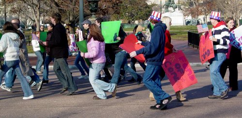 "Fake demonstrators" filming a scene for a movie