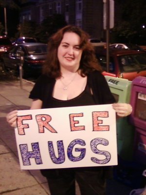 Heidi with my "FREE HUGS" sign