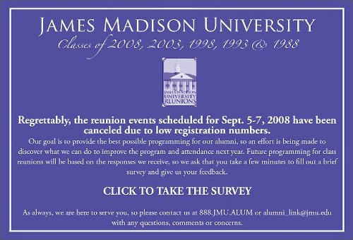 JMU reunions: Cancelled due to lack of interest