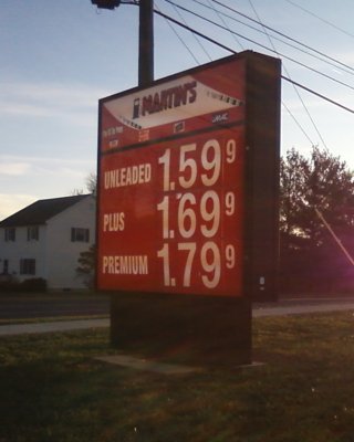 Gas prices at Martin's in Waynesboro, November 23, 2008