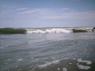 The wave breaks a bit out from the shore.