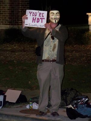 This was one of the more lighthearted signs, saying, "You're hot - Scientology isn't".