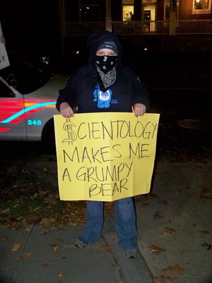 Playing on her Grumpy Bear sweatshirt, this Anon said, "Scientology makes me a grumpy bear!"