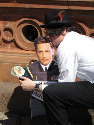 We also had fun with our David Miscavige cutout, making fun of Miscavige's height (left), and just general trolling with it (right).