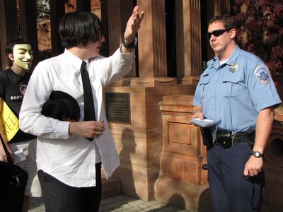 Describing the incident to the police.