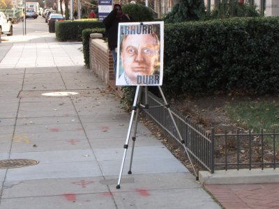 We also set up a tripod right at their entrance with an amusing illustration of L. Ron Hubbard.