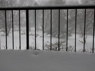 My balcony, with quite a bit of snow on the end of it.