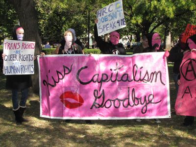 "Kiss Capitalism Goodbye" banner