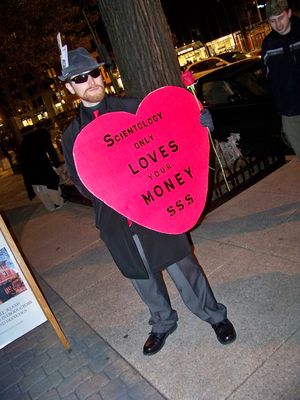 Beret and John McNonymous were out with awesome signs - one about self-love, and one about what Scientology really is in love with, that being your money.