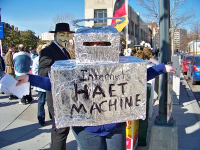 Another Anon wore a robot outfit, as a personification of the "Internets Haet Machine", aka the "Internet Hate Machine", which is a term I disagree with, but nonetheless can be parodied.