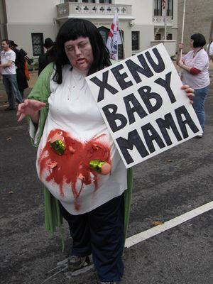 Purple Hair Anon had perhaps the best costume, with her "Xenu Baby Mama" outfit, complete with two alien babies.