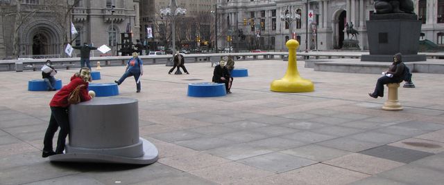 Down the street from LOVE Park, we found a plaza filled with pieces from various games - Bingo, Chess, Dominoes, Monopoly, you name it. We saw this, and struck a pose.