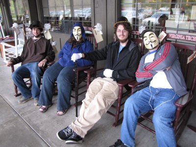 Posing on the rocking chairs at Cracker Barrel