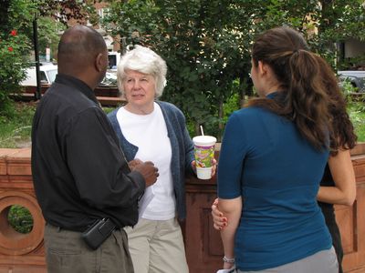 Scientologists, including Founding Church of Scientology president Sue Taylor (center, with white hair) were out handing out their "Anonymous Frequently Asked Questions" flyers.