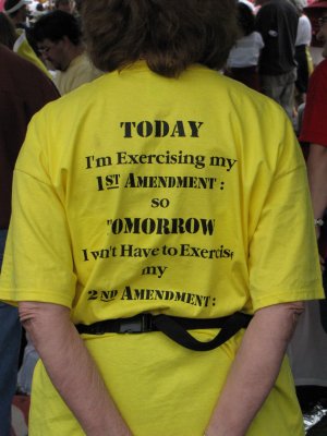 "Today I'm exercising my First Amendment so tomorrow I won't have to exercise my second amendment." These people are crazy enough already. Do we really want crazies running around with guns and an agenda? Scary.