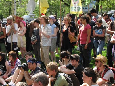 The assembled crowd listening to speeches.