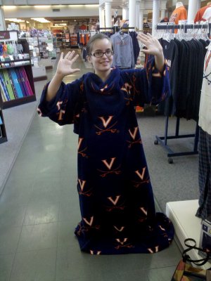 Bergit models the UVA Snuggie