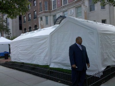 Scientology tents and tarps in front of their building