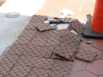 Broken bumpy tile, at Cheverly in this case. We saw instances of this at just about all of the outdoor stations on the D Route, from Minnesota Avenue to New Carrollton. There were also a few cases where the platform edges were uneven, nearly causing me to lose my balance at one point.