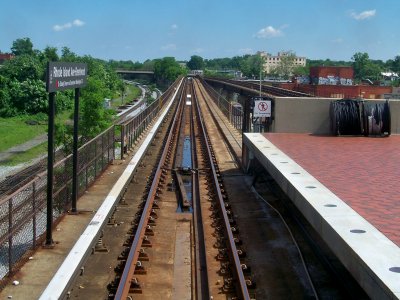 View out of the back of Alstom 6075, at Rhode Island Avenue station