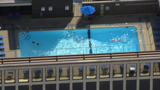 Two men swimming on a rooftop pool near the Hancock Center