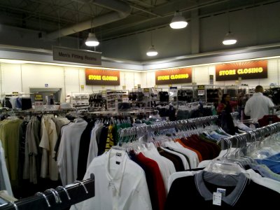 "Store Closing" signs at the JCPenney Outlet store at Potomac Mills