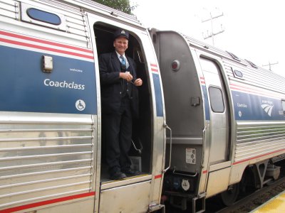 The conductor was all smiles as the train departed Durham. I really liked this conductor, and thought he did a great job.