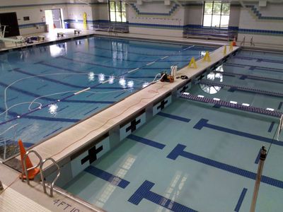 What I consider to be the most unique feature of Olney Swim Center is the bulkhead in the middle of the pool. Remember how I said that the length was adjustable? This is how that is accomplished. This bulkhead can be moved to any location along the pool, adjusting the sizes of the lap pool on one side, and the diving well on the other. I'm told that the bulkhead can't be removed.