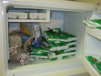 My freezer. Notice the large stash of vegetables. Compare to this photo from Duckie's acceptance testing, and this photo from the Kodak's acceptance testing. I am taking my doctor's advice seriously! No more bagged chicken, and no more frozen pizzas! I don't eat that junk anymore.