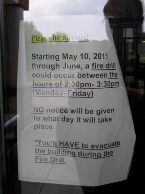 Notice about an upcoming fire drill at the pool