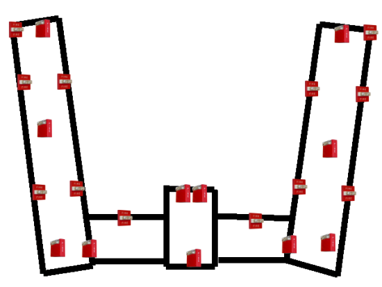 The locations of all the fire alarm notification appliances in Potomac Hall