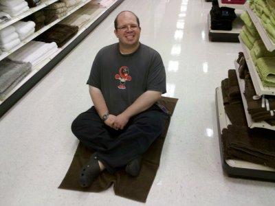 Testing out the towel on the floor at Target in Niles, Illinois