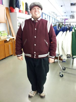 Then this is me at The Warehouse in Waynesboro, wearing a Stuarts Draft letter jacket, minus the letter and the embroidery that usually goes with one. My sister is wearing one in this photo. No one ever told me in more than fifteen years' of seeing those jackets that they weighed a ton and a half. Seriously, they were heavy, weight-wise, and I don't understand why.