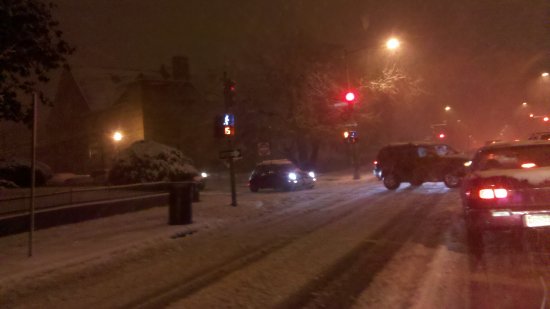 16th and Monroe Streets NW. The roads were still a mess, and traffic was crawling.