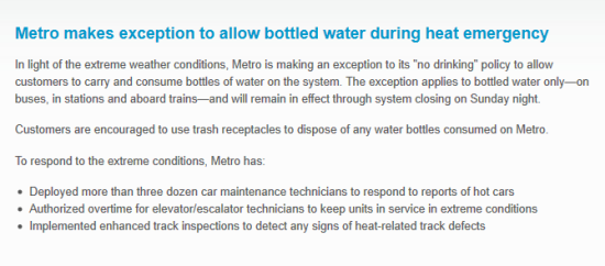 Metro's press release allowing water on trains