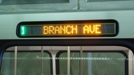 Branch Avenue destination sign on an Alstom 6000-Series car